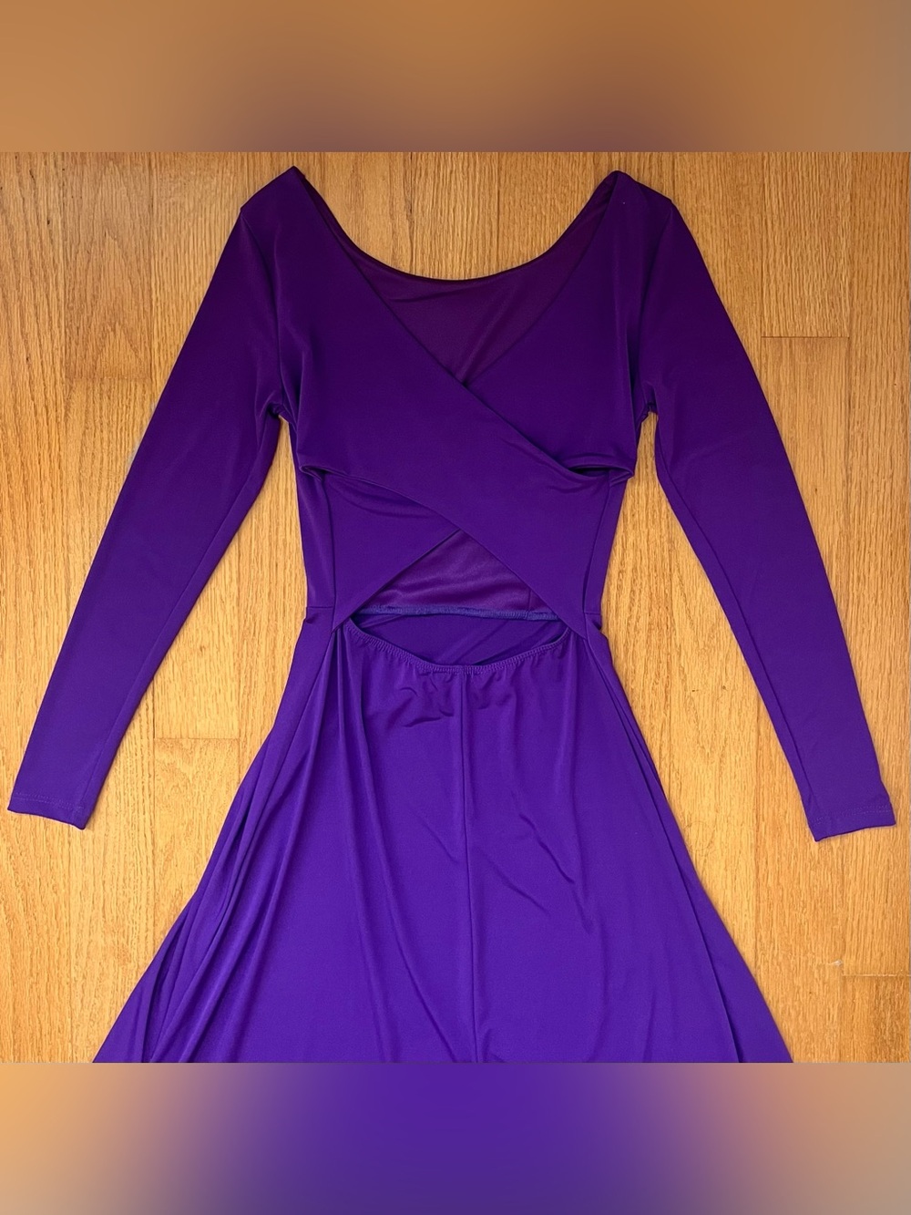 Venus purple long sleeve dress with criss cross back and high low skirt in XS